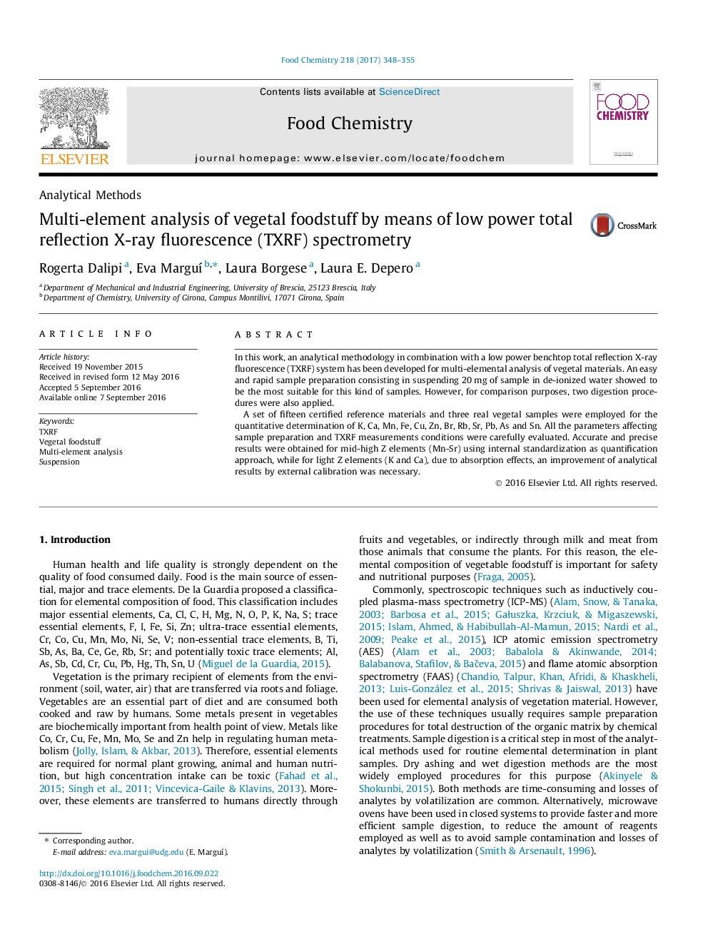 Multi-element analysis of vegetal foodstuff by means of low power total reflection X-ray fluorescence (TXRF) spectrometry