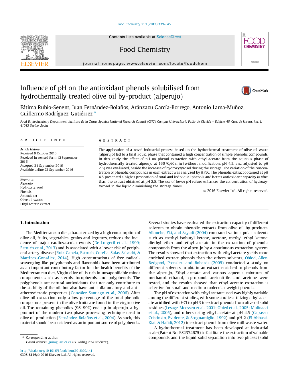 Influence of pH on the antioxidant phenols solubilised from hydrothermally treated olive oil by-product (alperujo)