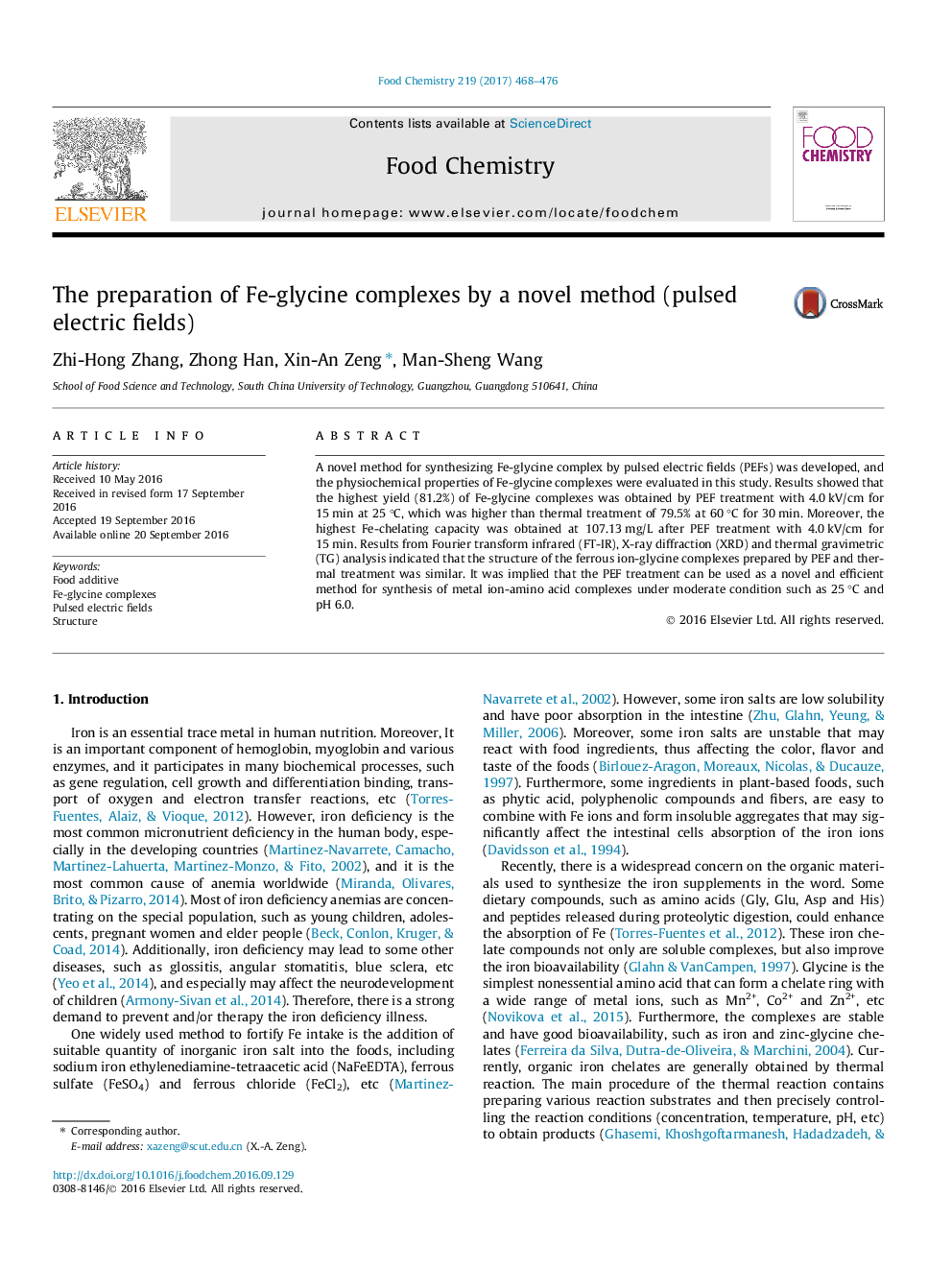 The preparation of Fe-glycine complexes by a novel method (pulsed electric fields)