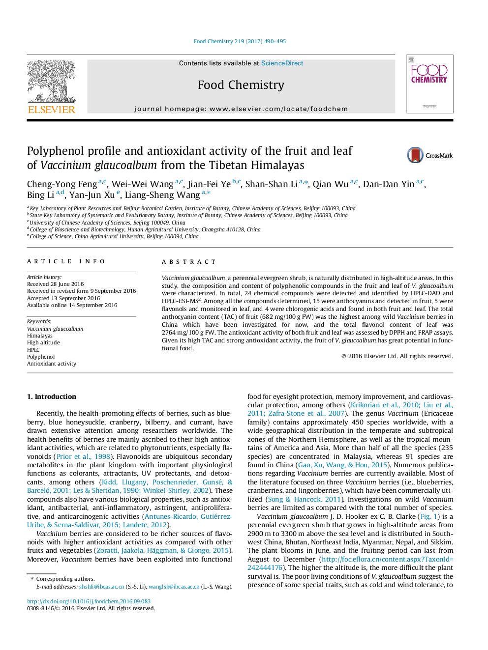 Polyphenol profile and antioxidant activity of the fruit and leaf of Vaccinium glaucoalbum from the Tibetan Himalayas