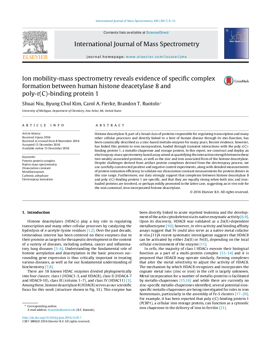 Ion mobility-mass spectrometry reveals evidence of specific complex formation between human histone deacetylase 8 and poly-r(C)-binding protein 1