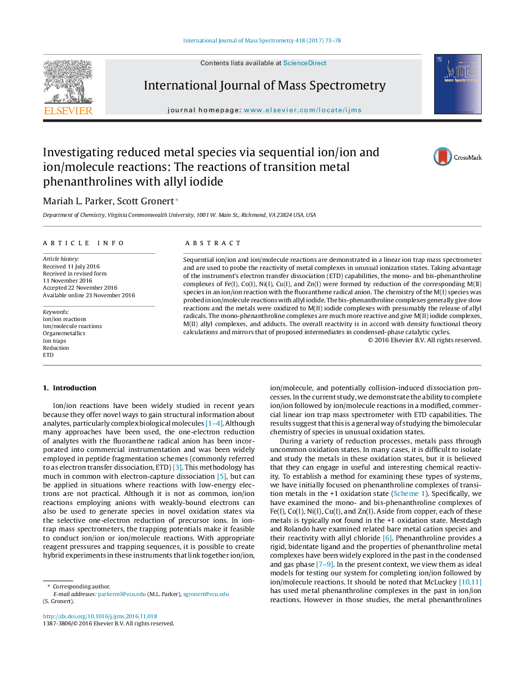 Investigating reduced metal species via sequential ion/ion and ion/molecule reactions: The reactions of transition metal phenanthrolines with allyl iodide