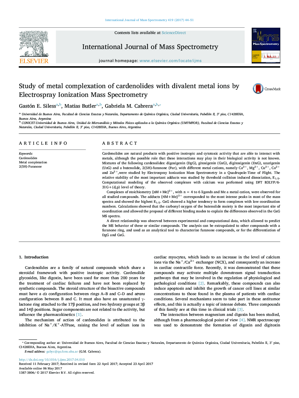 Study of metal complexation of cardenolides with divalent metal ions by Electrospray Ionization Mass Spectrometry