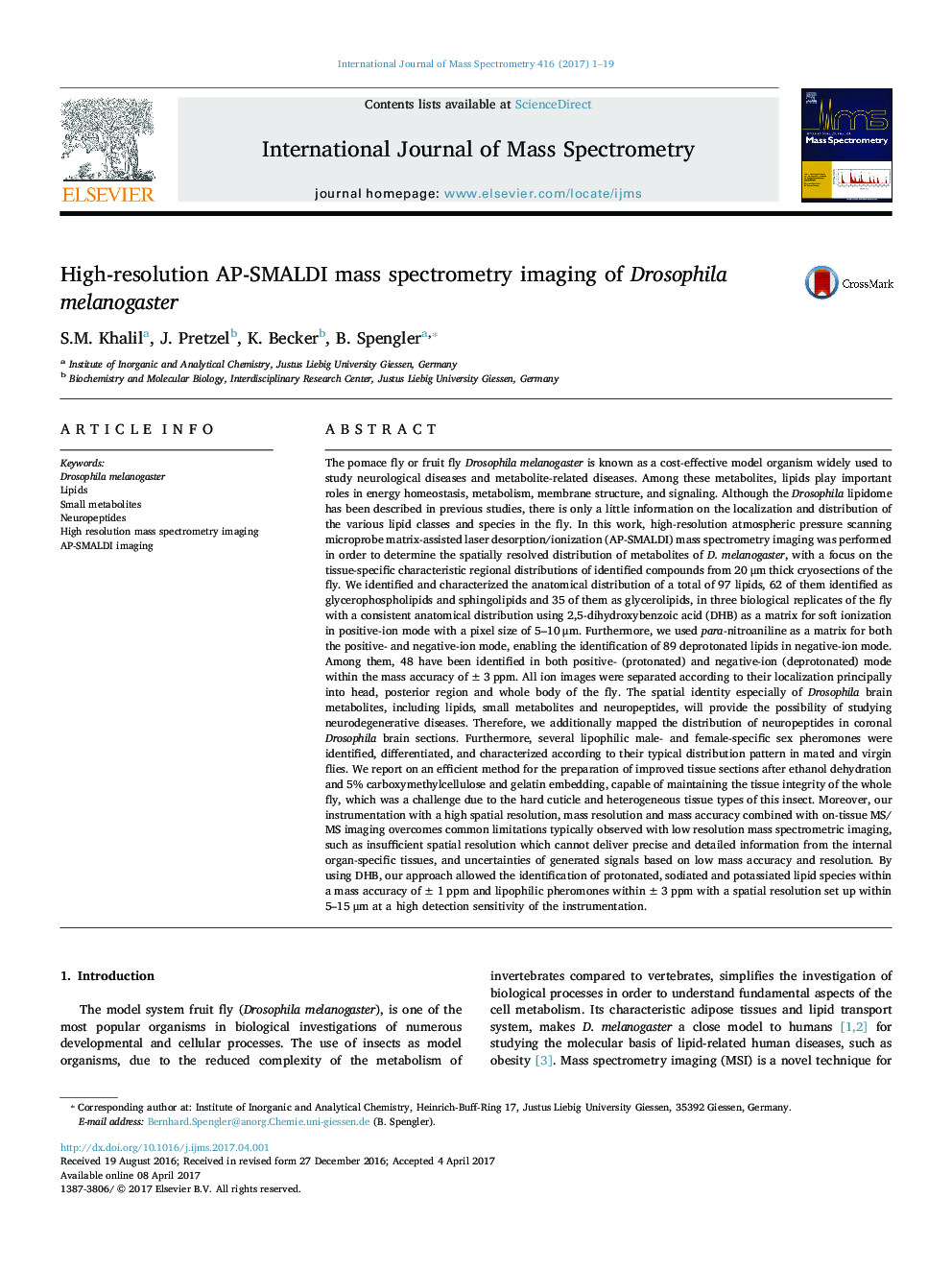 High-resolution AP-SMALDI mass spectrometry imaging of Drosophila melanogaster