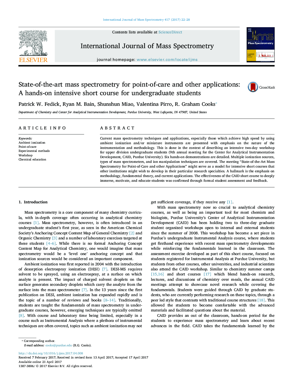 State-of-the-art mass spectrometry for point-of-care and other applications: A hands-on intensive short course for undergraduate students