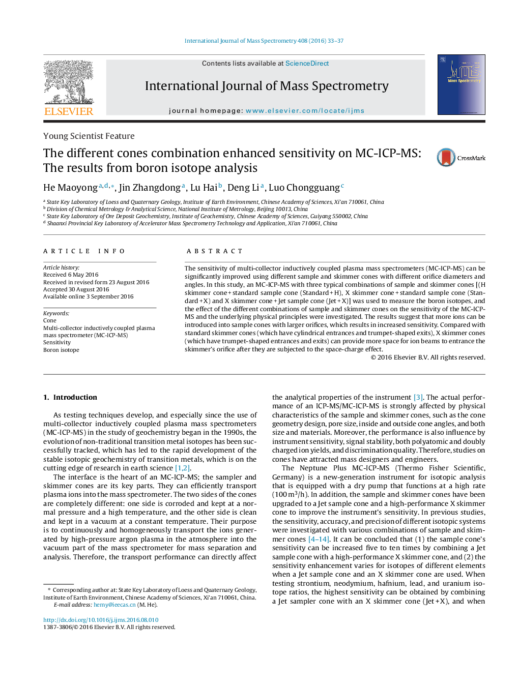 The different cones combination enhanced sensitivity on MC-ICP-MS: The results from boron isotope analysis