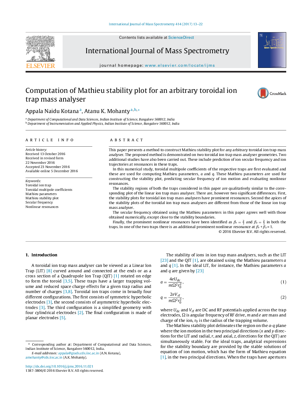 Computation of Mathieu stability plot for an arbitrary toroidal ion trap mass analyser