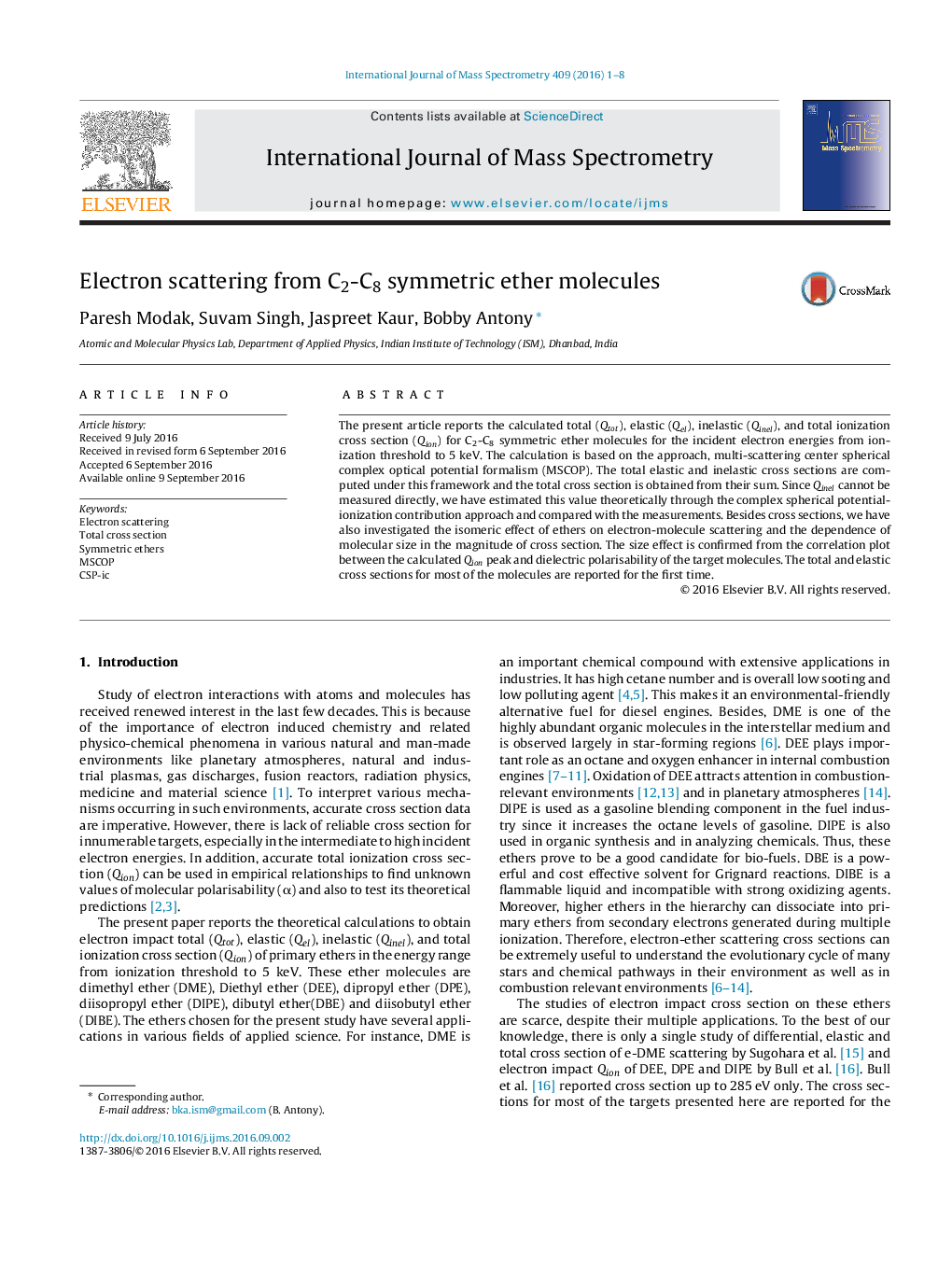 Electron scattering from C2-C8 symmetric ether molecules