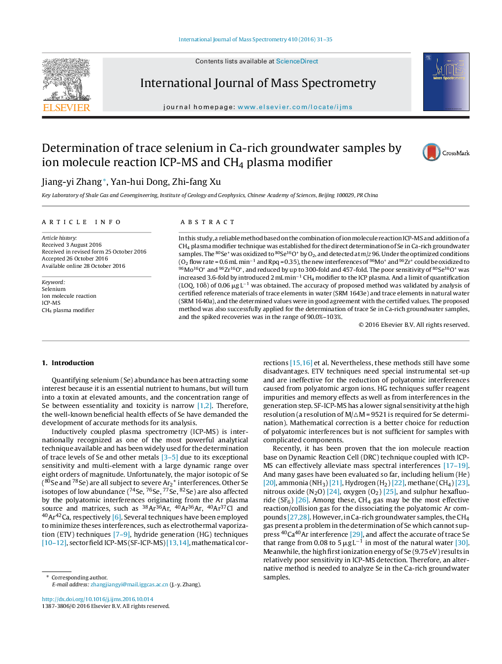 Determination of trace selenium in Ca-rich groundwater samples by ion molecule reaction ICP-MS and CH4 plasma modifier