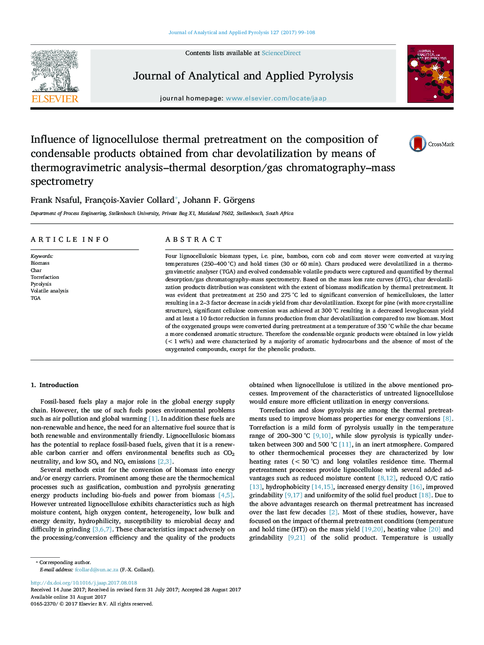 Influence of lignocellulose thermal pretreatment on the composition of condensable products obtained from char devolatilization by means of thermogravimetric analysis-thermal desorption/gas chromatography-mass spectrometry