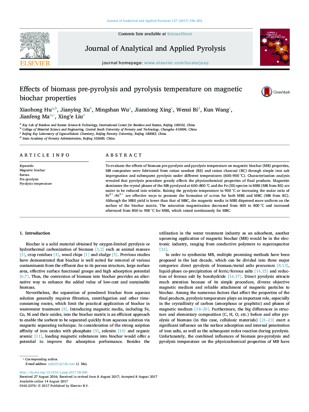 Effects of biomass pre-pyrolysis and pyrolysis temperature on magnetic biochar properties