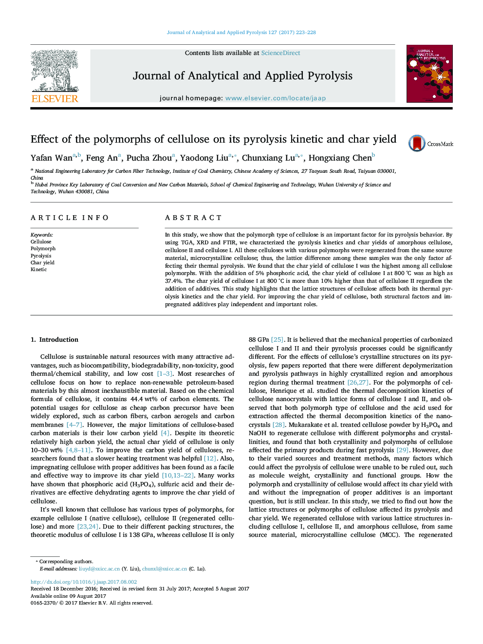 Effect of the polymorphs of cellulose on its pyrolysis kinetic and char yield