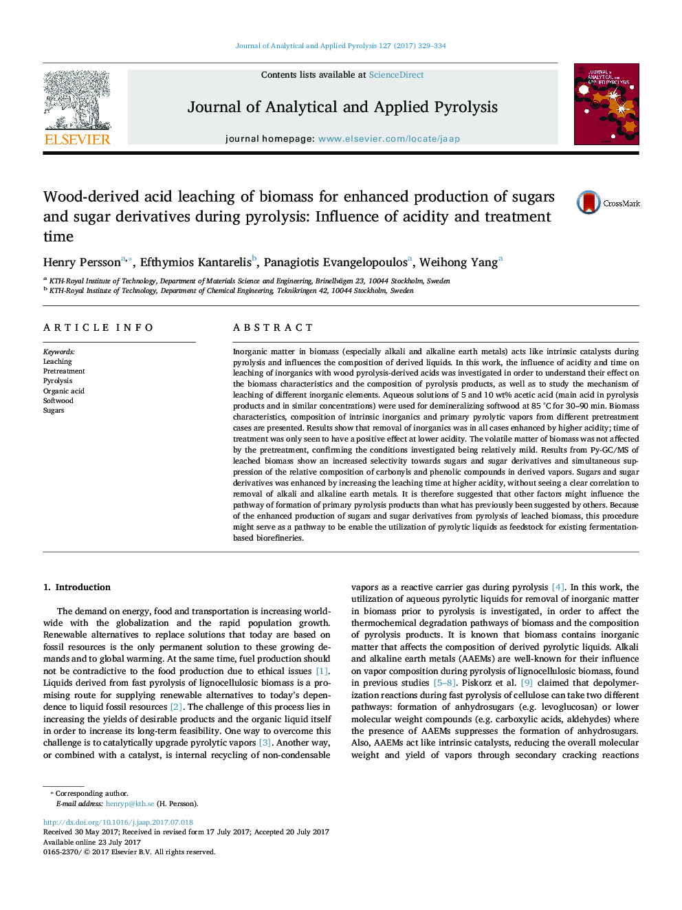 Wood-derived acid leaching of biomass for enhanced production of sugars and sugar derivatives during pyrolysis: Influence of acidity and treatment time