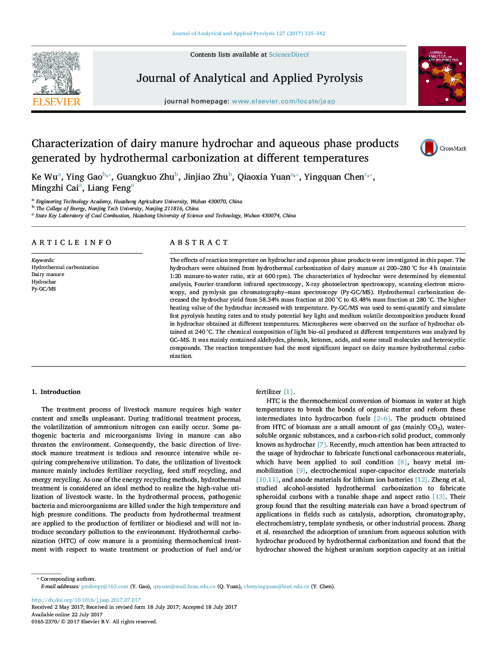 Characterization of dairy manure hydrochar and aqueous phase products generated by hydrothermal carbonization at different temperatures