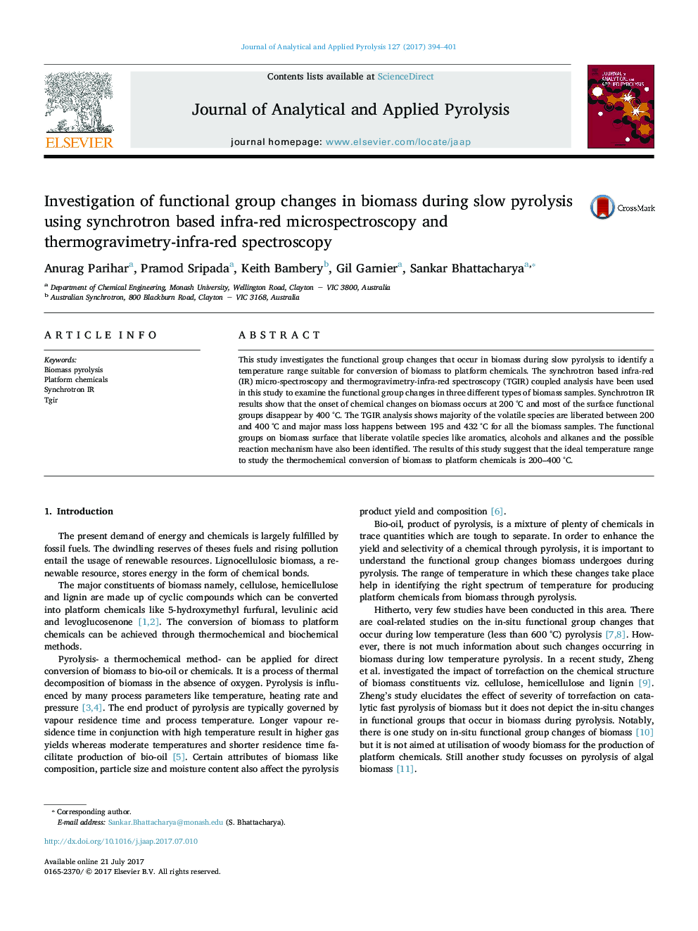 Investigation of functional group changes in biomass during slow pyrolysis using synchrotron based infra-red microspectroscopy and thermogravimetry-infra-red spectroscopy