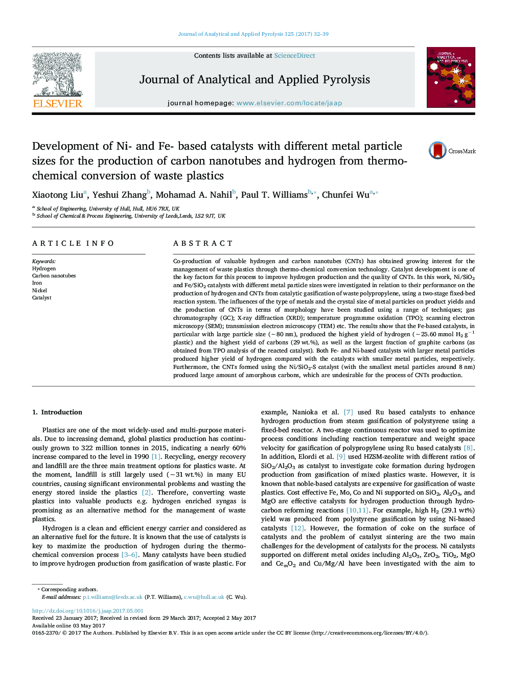 Development of Ni- and Fe- based catalysts with different metal particle sizes for the production of carbon nanotubes and hydrogen from thermo-chemical conversion of waste plastics