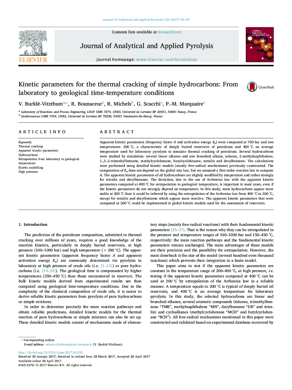 Kinetic parameters for the thermal cracking of simple hydrocarbons: From laboratory to geological time-temperature conditions