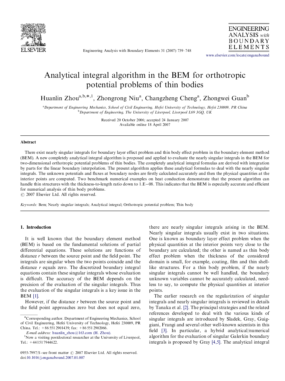 Analytical integral algorithm in the BEM for orthotropic potential problems of thin bodies