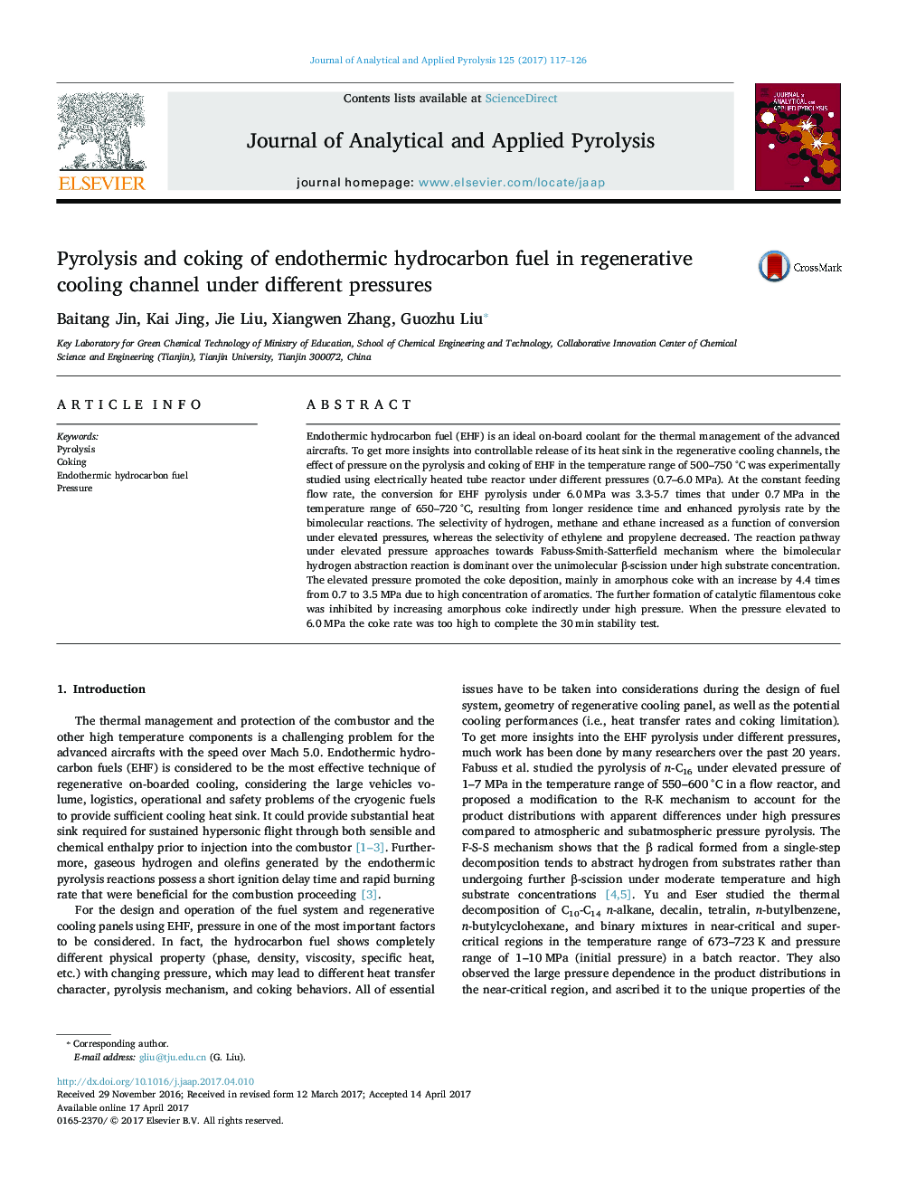 Pyrolysis and coking of endothermic hydrocarbon fuel in regenerative cooling channel under different pressures