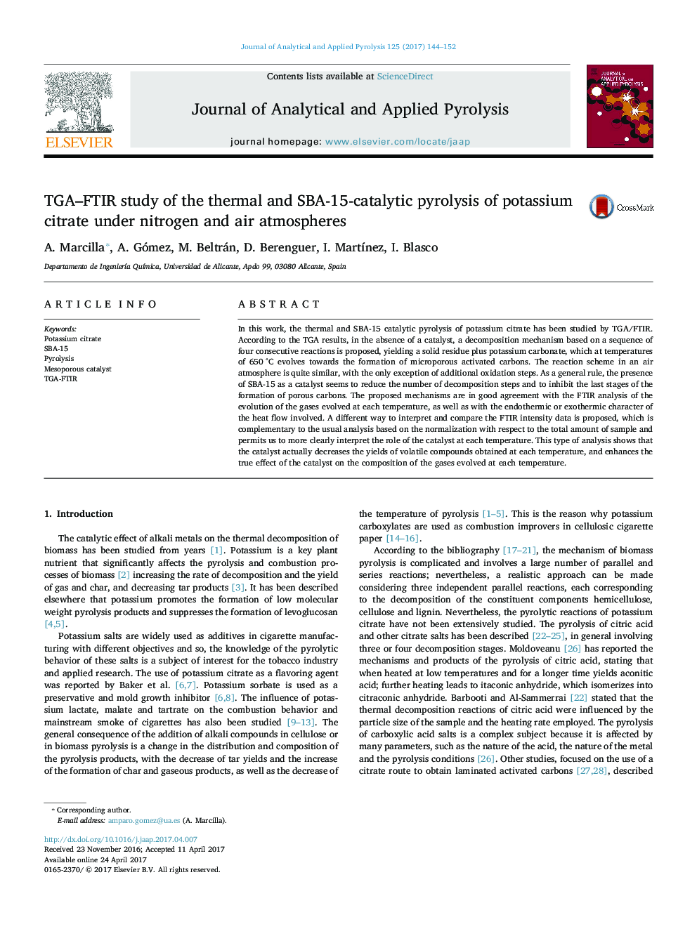 TGA-FTIR study of the thermal and SBA-15-catalytic pyrolysis of potassium citrate under nitrogen and air atmospheres