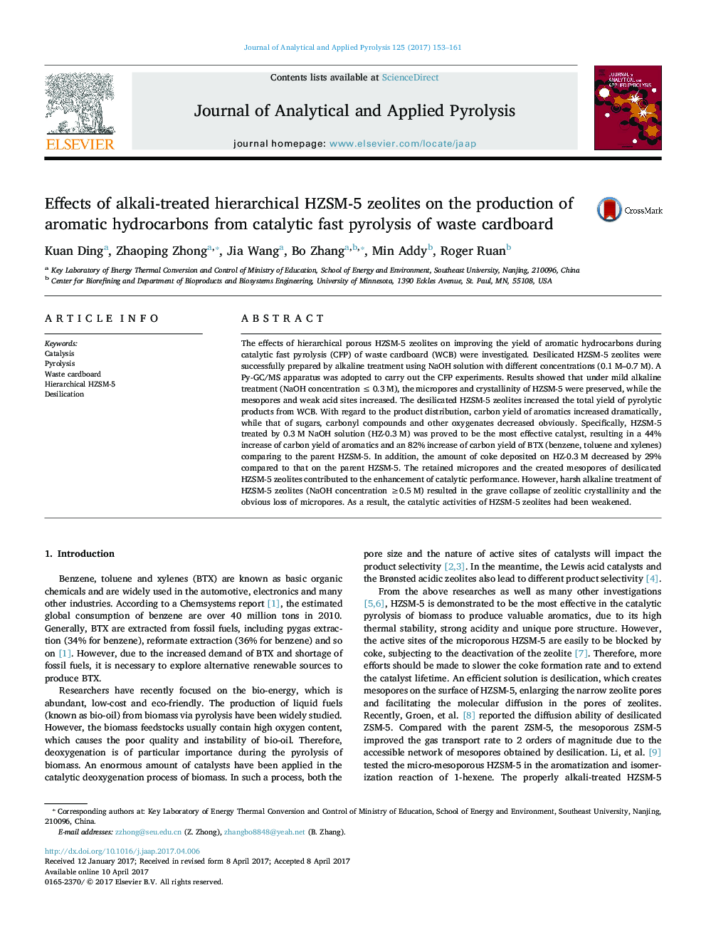 Effects of alkali-treated hierarchical HZSM-5 zeolites on the production of aromatic hydrocarbons from catalytic fast pyrolysis of waste cardboard