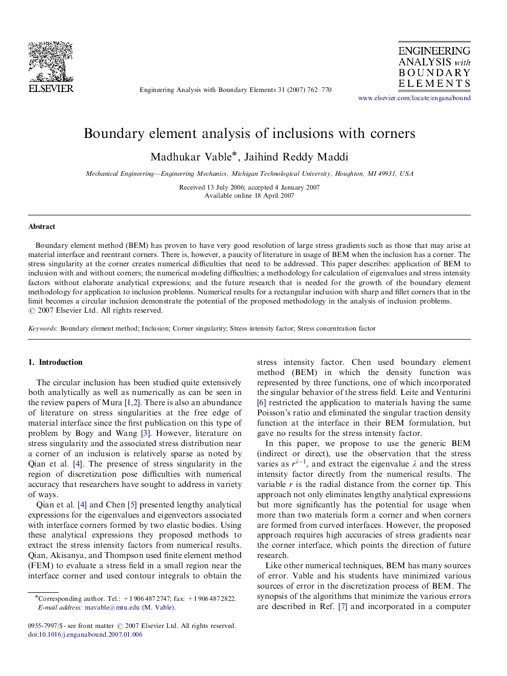 Boundary element analysis of inclusions with corners