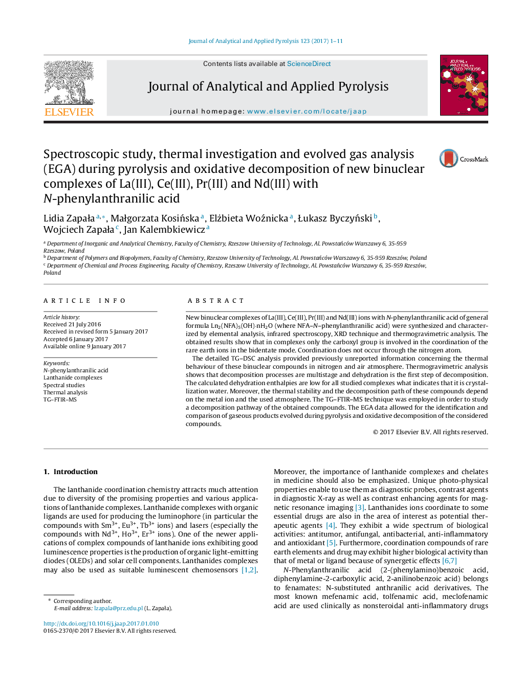 Spectroscopic study, thermal investigation and evolved gas analysis (EGA) during pyrolysis and oxidative decomposition of new binuclear complexes of La(III), Ce(III), Pr(III) and Nd(III) with N-phenylanthranilic acid