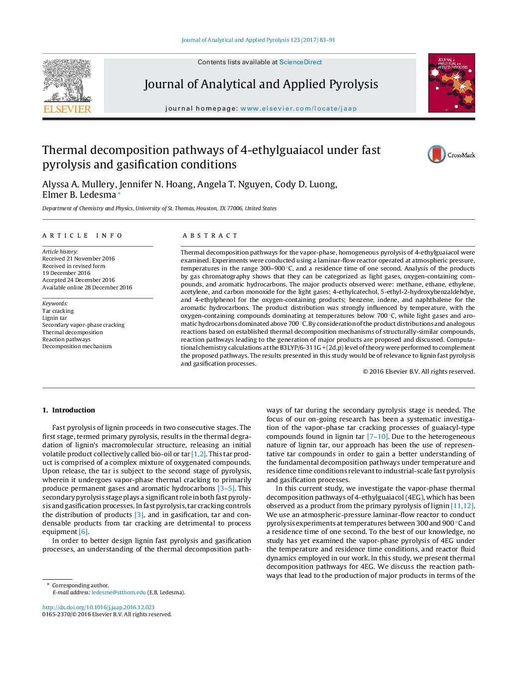 Thermal decomposition pathways of 4-ethylguaiacol under fast pyrolysis and gasification conditions