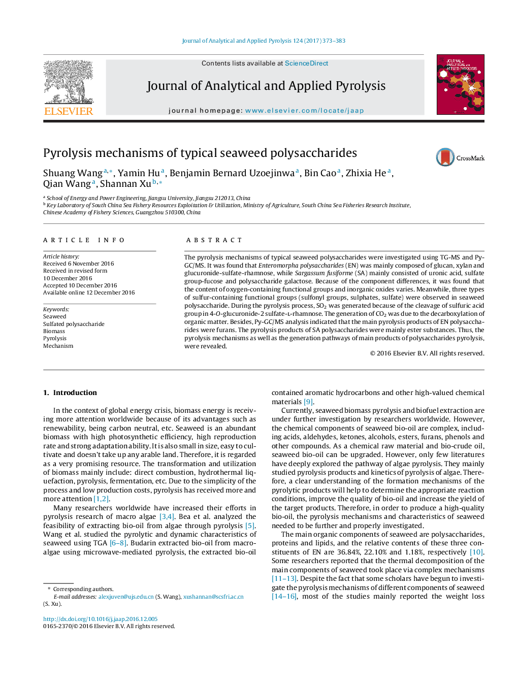 Pyrolysis mechanisms of typical seaweed polysaccharides