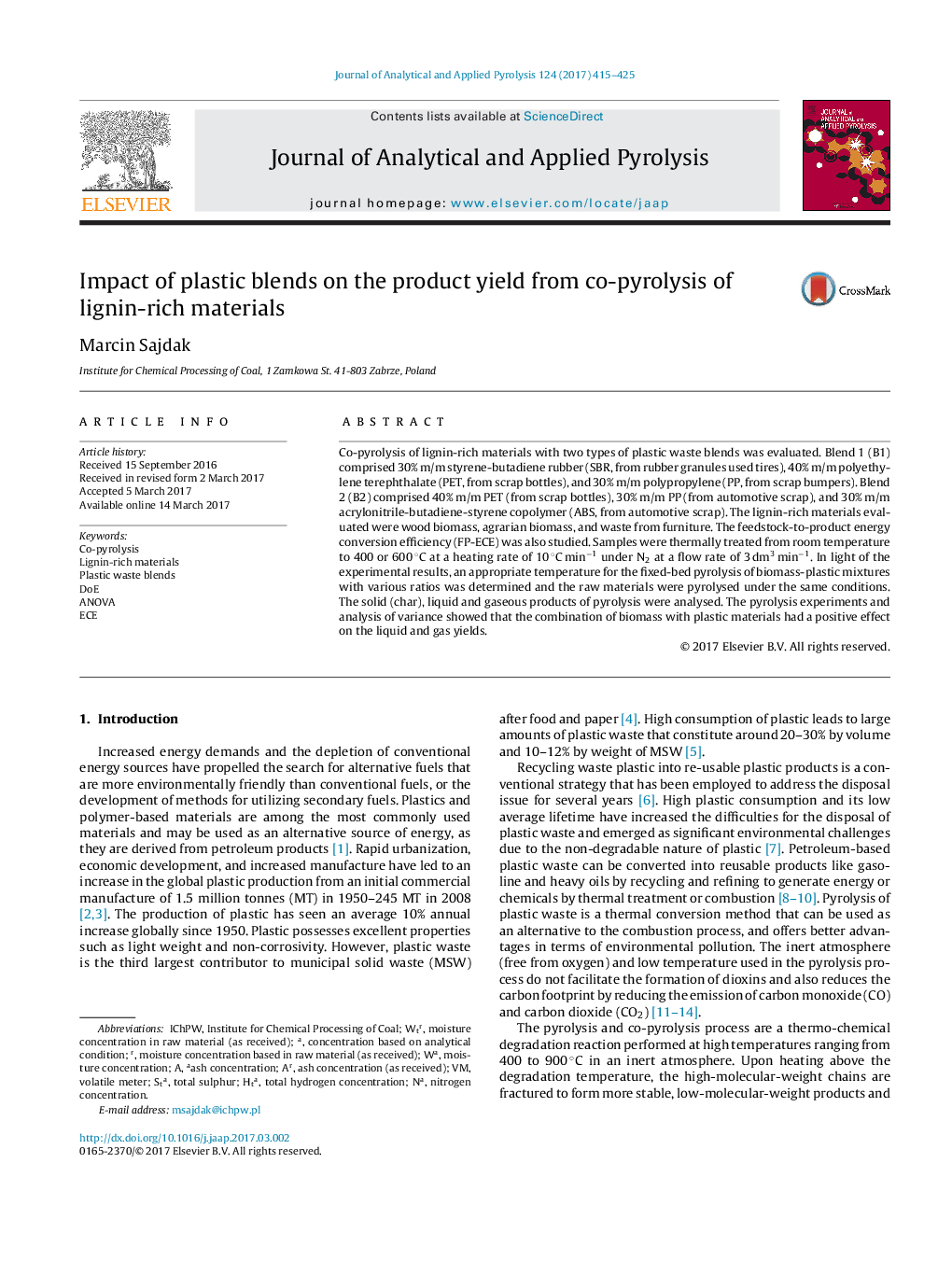 Impact of plastic blends on the product yield from co-pyrolysis of lignin-rich materials