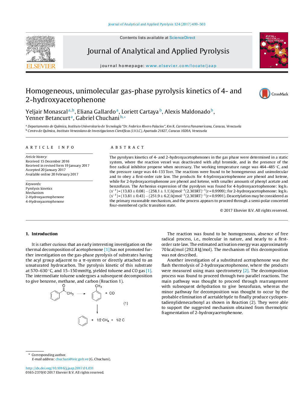 Homogeneous, unimolecular gas-phase pyrolysis kinetics of 4- and 2-hydroxyacetophenone
