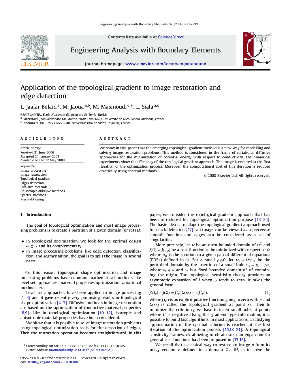 Application of the topological gradient to image restoration and edge detection