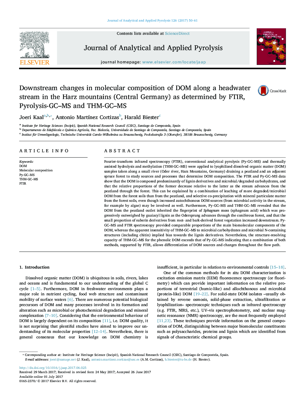 Downstream changes in molecular composition of DOM along a headwater stream in the Harz mountains (Central Germany) as determined by FTIR, Pyrolysis-GC-MS and THM-GC-MS