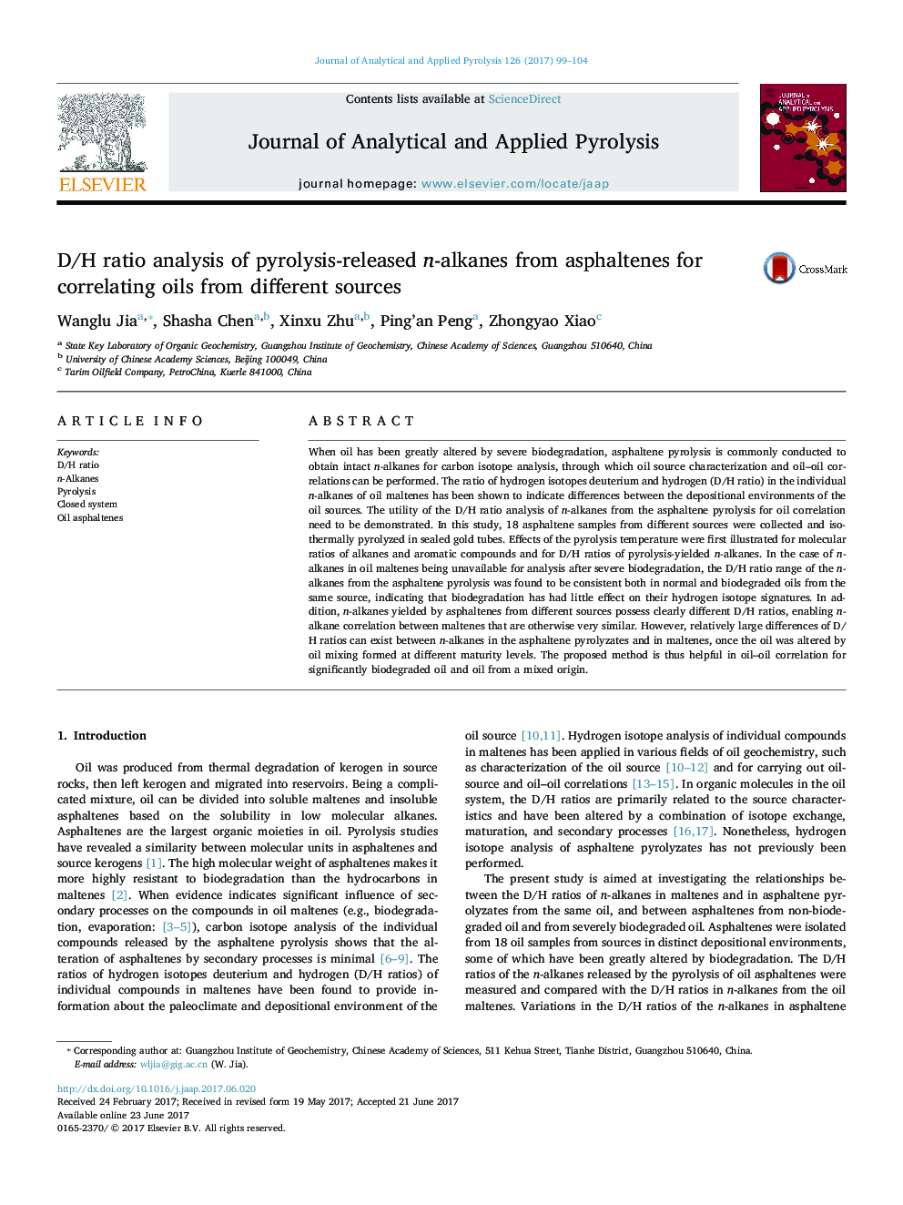 D/H ratio analysis of pyrolysis-released n-alkanes from asphaltenes for correlating oils from different sources