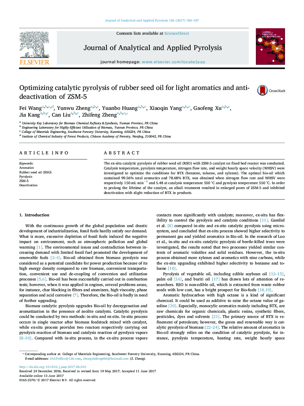 Optimizing catalytic pyrolysis of rubber seed oil for light aromatics and anti-deactivation of ZSM-5