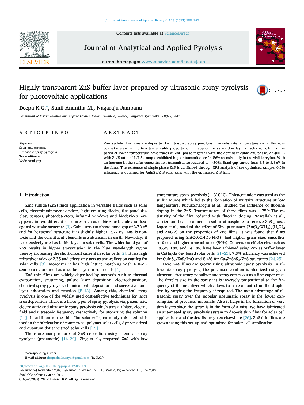 Highly transparent ZnS buffer layer prepared by ultrasonic spray pyrolysis for photovoltaic applications