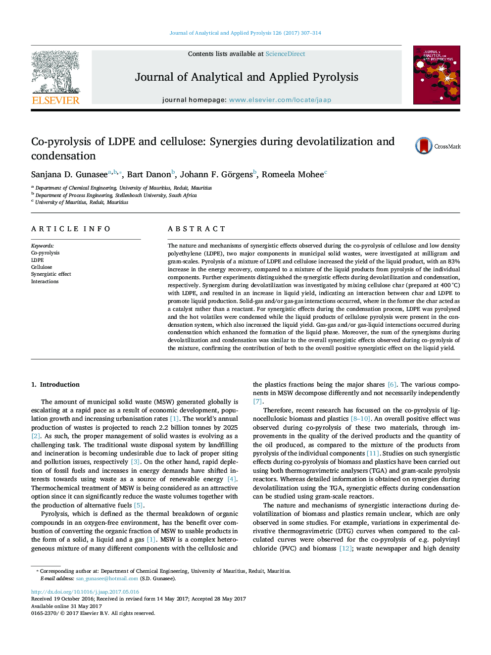 Co-pyrolysis of LDPE and cellulose: Synergies during devolatilization and condensation