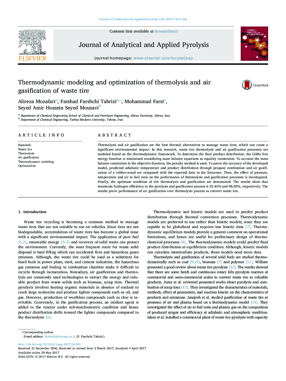 Thermodynamic modeling and optimization of thermolysis and air gasification of waste tire