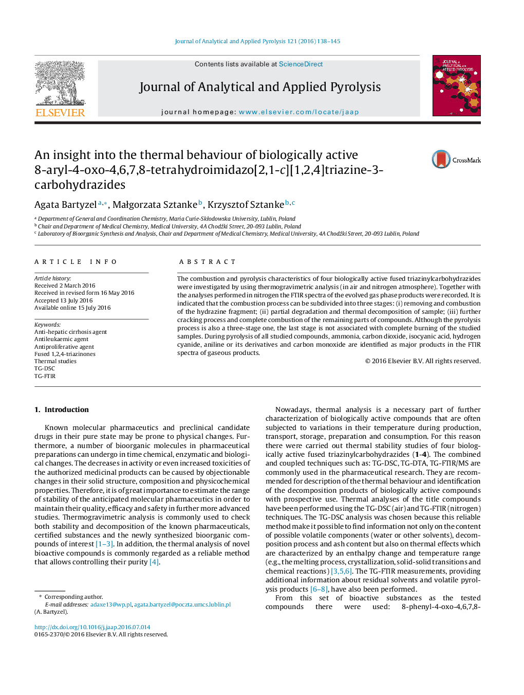 An insight into the thermal behaviour of biologically active 8-aryl-4-oxo-4,6,7,8-tetrahydroimidazo[2,1-c][1,2,4]triazine-3-carbohydrazides