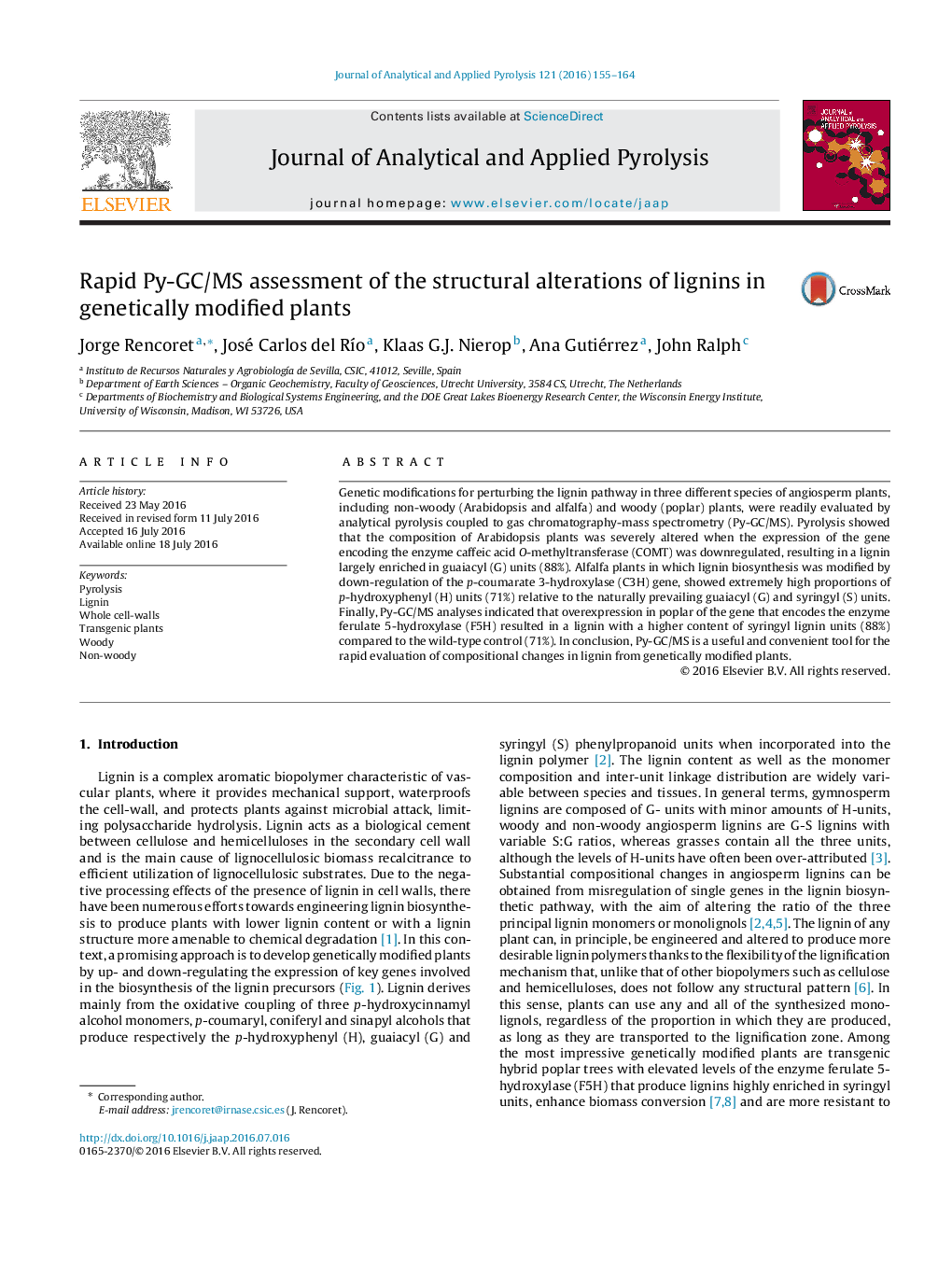 Rapid Py-GC/MS assessment of the structural alterations of lignins in genetically modified plants