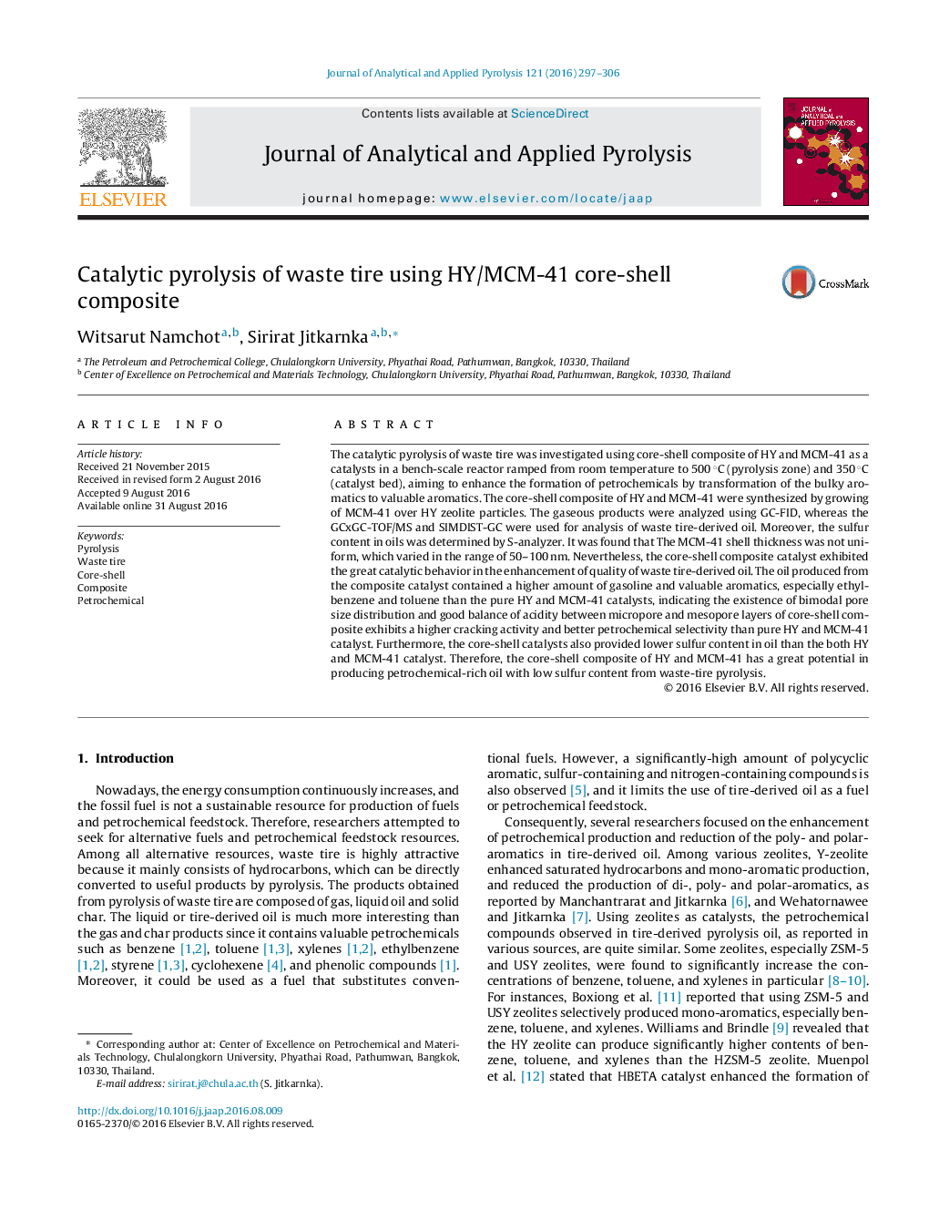 Catalytic pyrolysis of waste tire using HY/MCM-41 core-shell composite