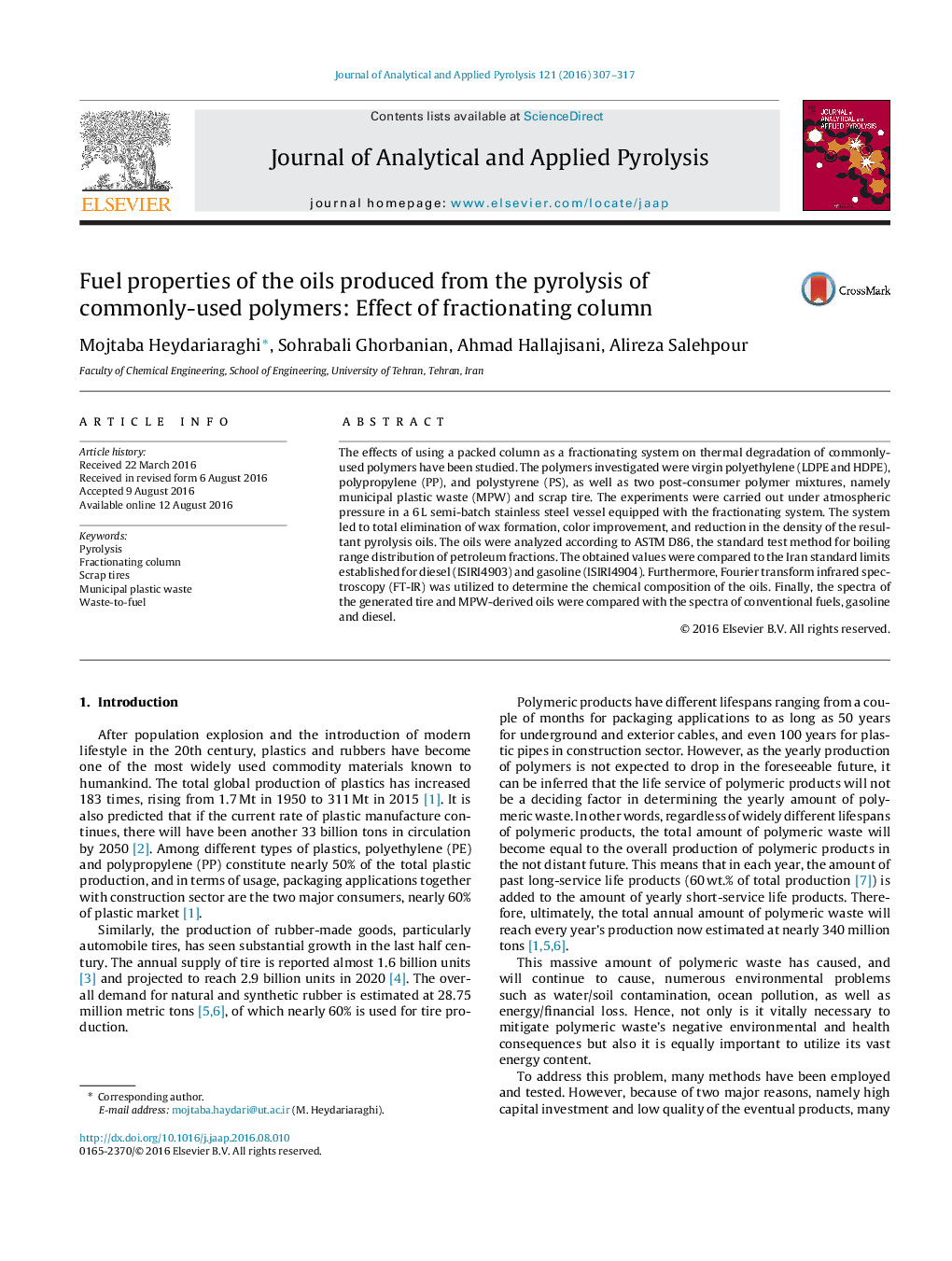 Fuel properties of the oils produced from the pyrolysis of commonly-used polymers: Effect of fractionating column