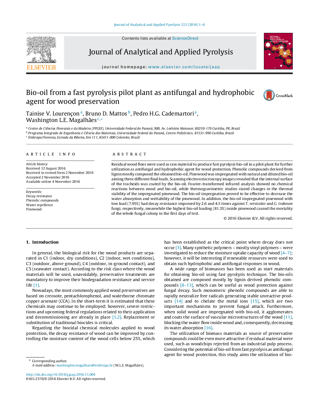 Bio-oil from a fast pyrolysis pilot plant as antifungal and hydrophobic agent for wood preservation