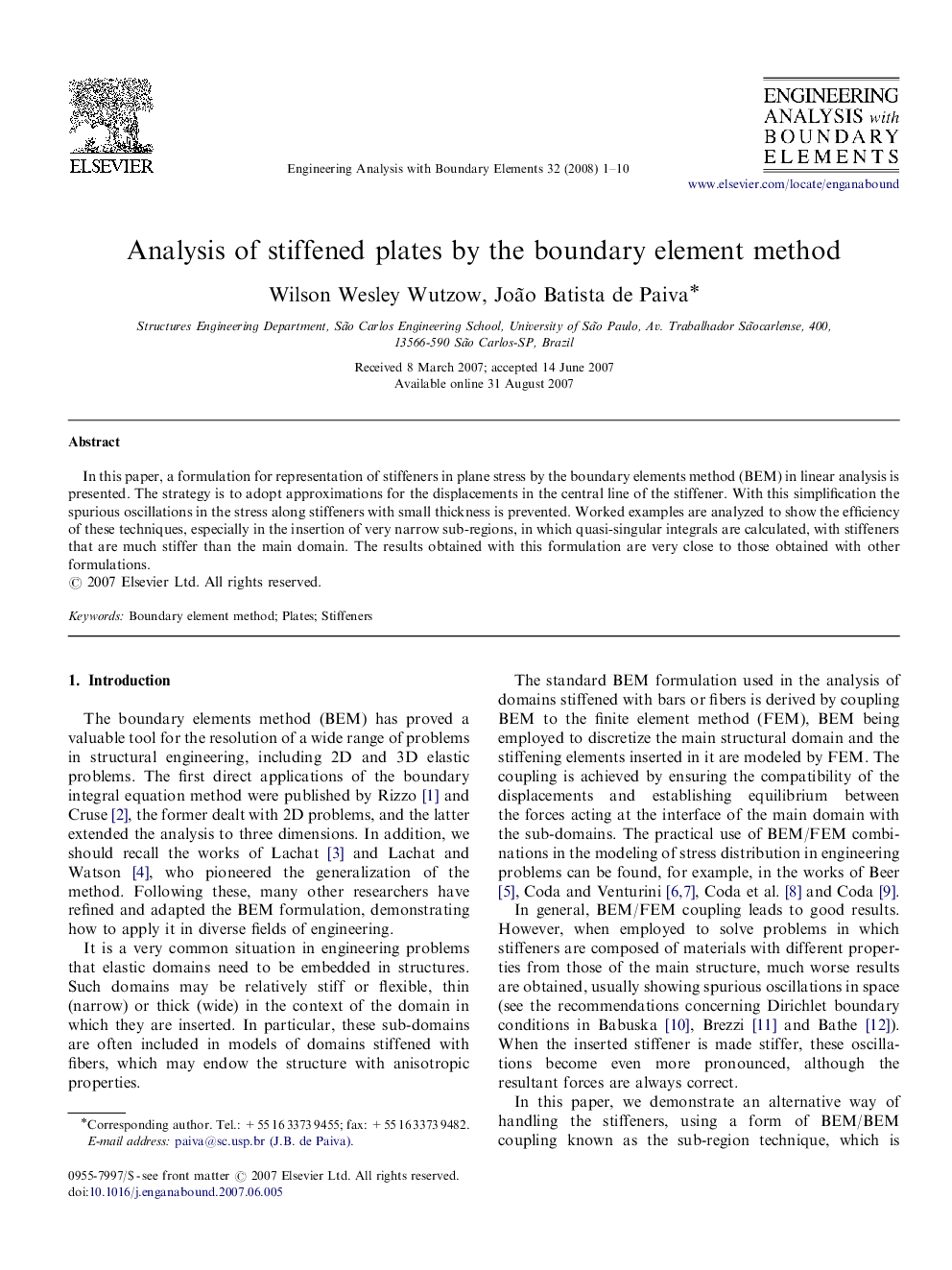 Analysis of stiffened plates by the boundary element method