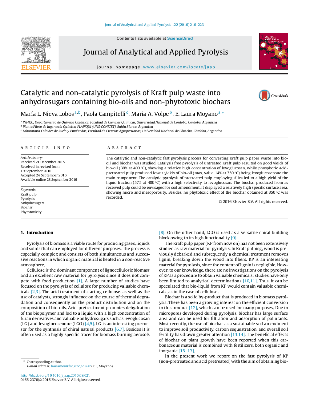 Catalytic and non-catalytic pyrolysis of Kraft pulp waste into anhydrosugars containing bio-oils and non-phytotoxic biochars