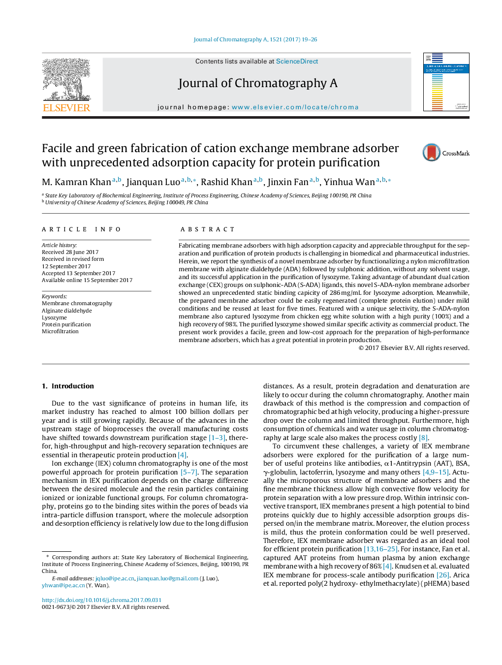 Facile and green fabrication of cation exchange membrane adsorber with unprecedented adsorption capacity for protein purification