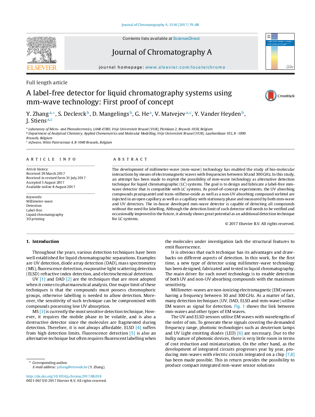 Full length articleA label-free detector for liquid chromatography systems using mm-wave technology: First proof of concept