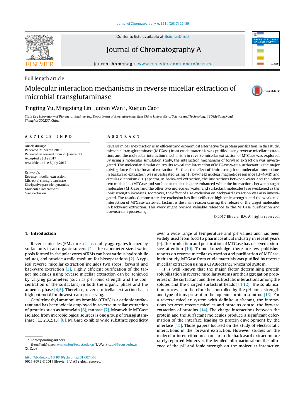 Molecular interaction mechanisms in reverse micellar extraction of microbial transglutaminase