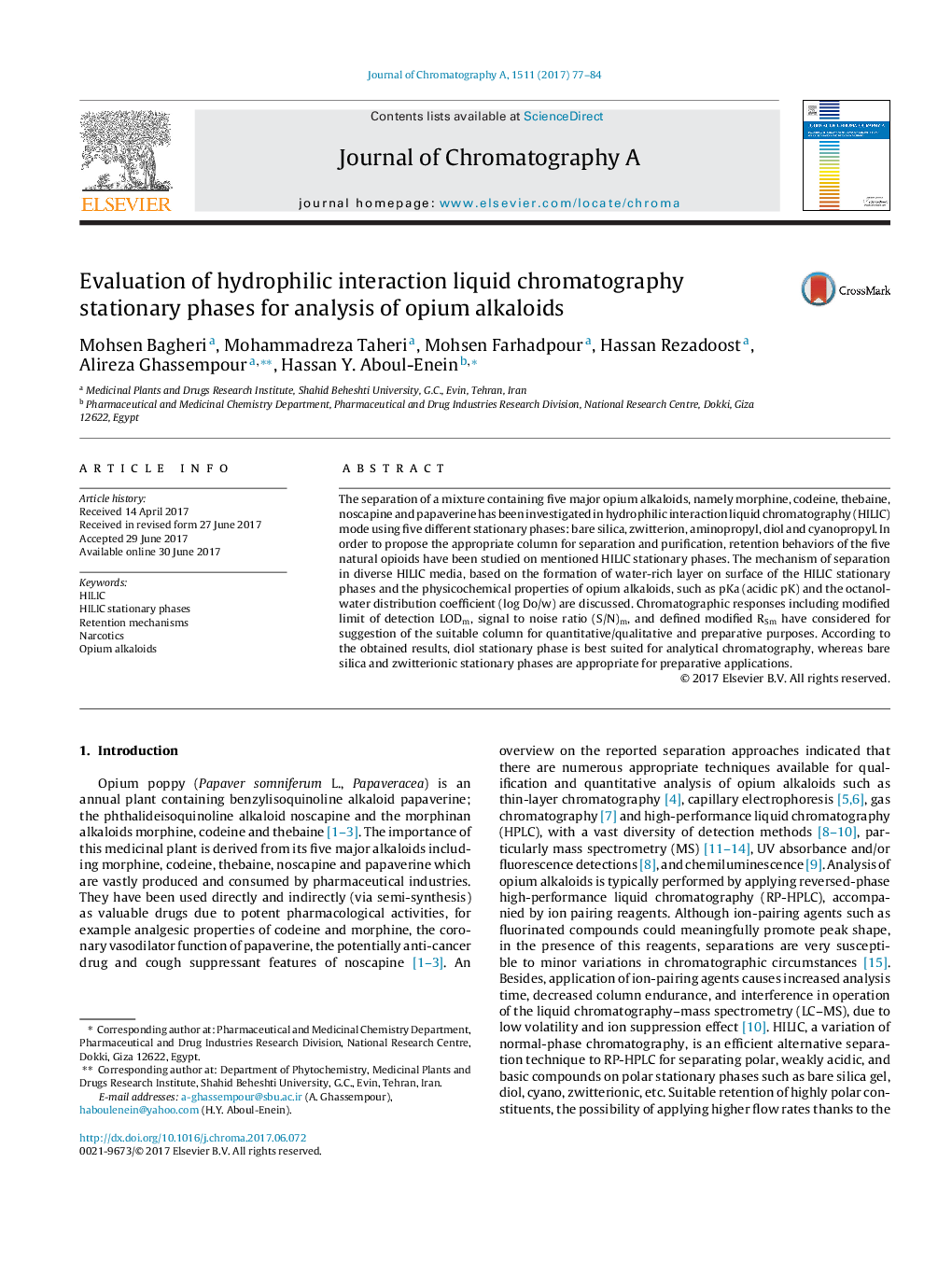 Evaluation of hydrophilic interaction liquid chromatography stationary phases for analysis of opium alkaloids