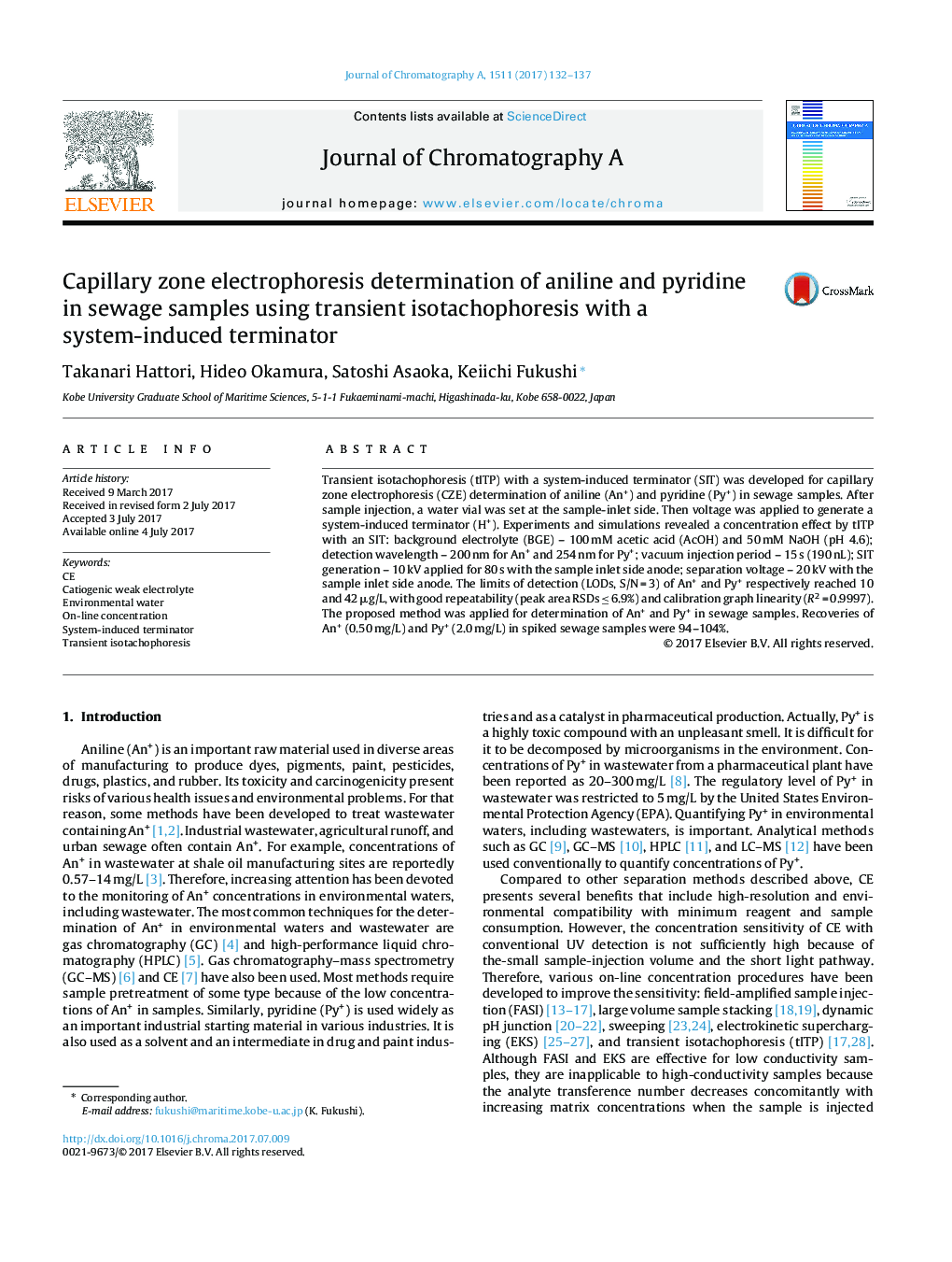 Capillary zone electrophoresis determination of aniline and pyridine in sewage samples using transient isotachophoresis with a system-induced terminator